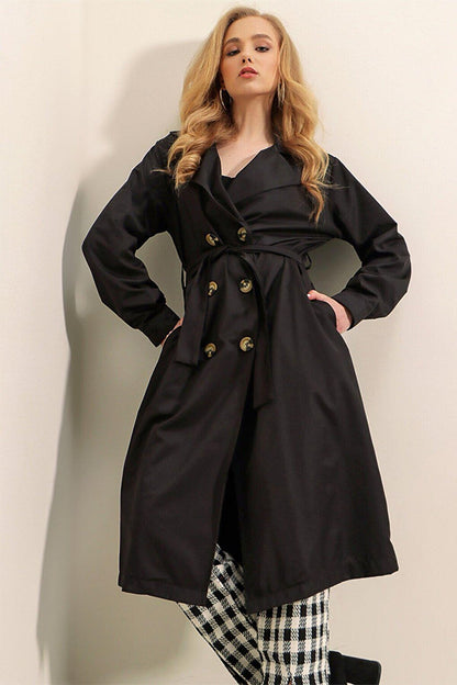 Women's Black Double Breasted Collar Belted Unlined Seasonal Casual Trench Coat HZL22S-BD158531