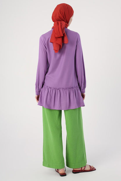 Purple Natural Fabric, Ruffled Skirt, Magnificent Collar Shirt Tunic