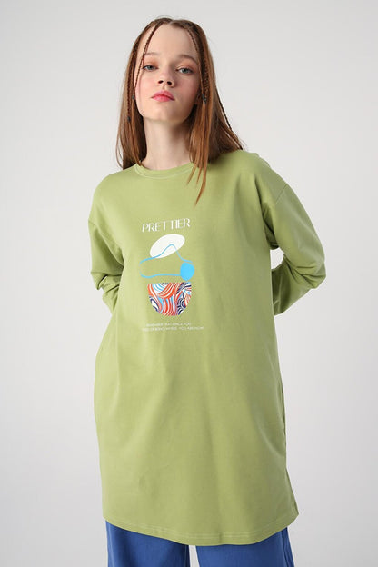 Light Green Cotton Printed Tunic with Contrast Stitching Detail