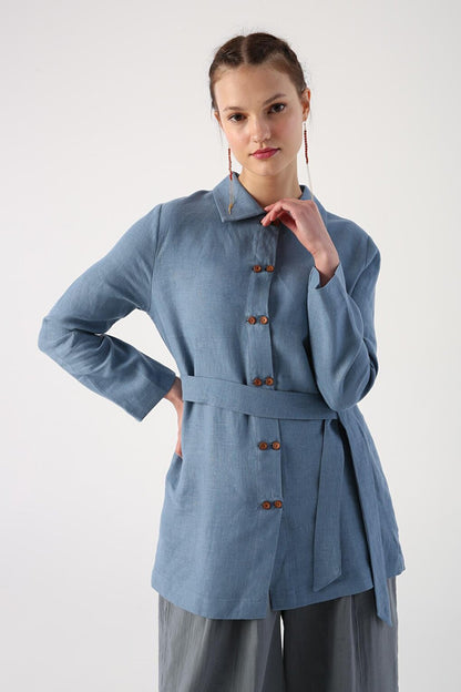 Blue Double Button Belted 100% Linen Shirt Tunic