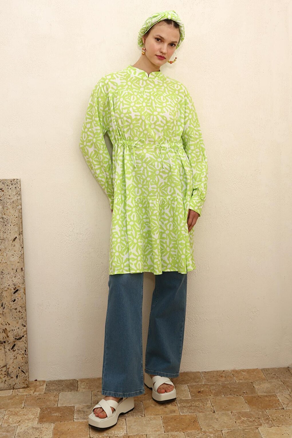 Green-White High Collar Patterned Tunic with Gather Detail at Waist