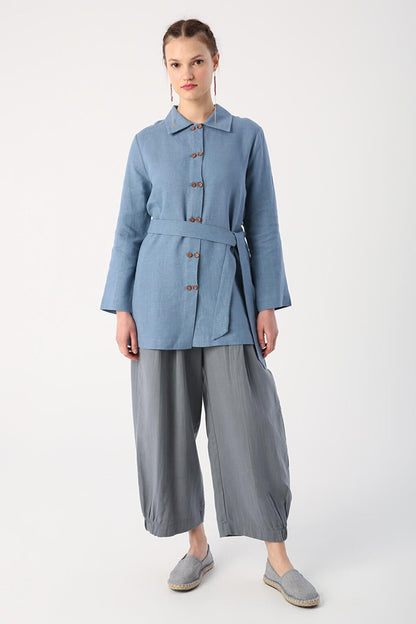 Blue Double Button Belted 100% Linen Shirt Tunic