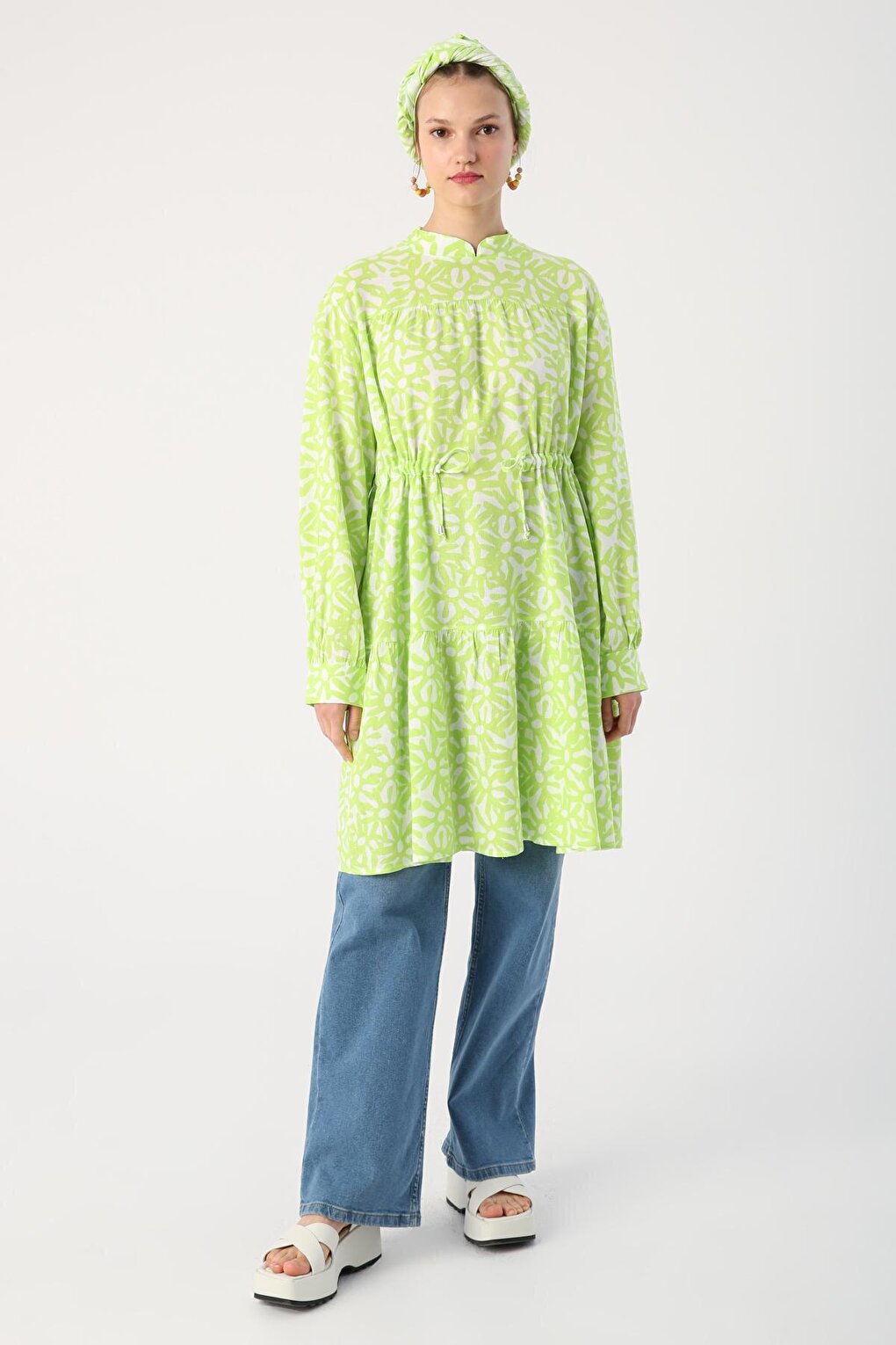 Green-White High Collar Patterned Tunic with Gather Detail at Waist