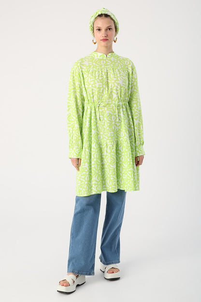 Green-White High Collar Patterned Tunic with Gather Detail at Waist