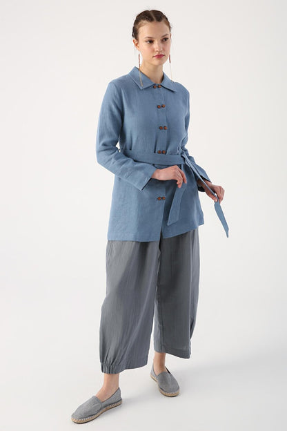 Blue Double Button Belted 100% Linen Shirt Tunic