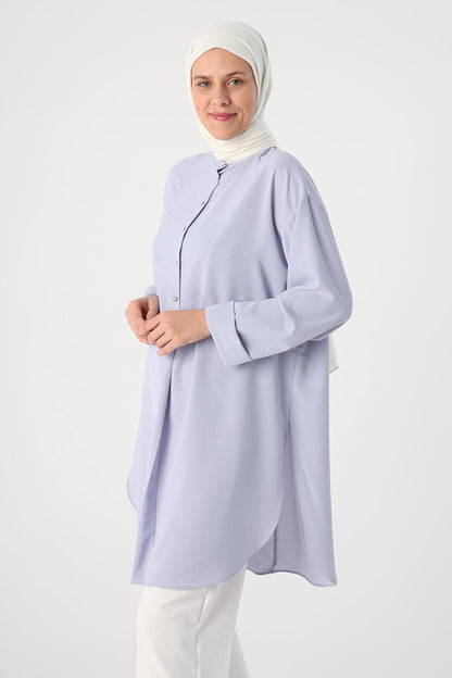 Open Lilac Collar Slit Sleeve Folding Detailed Tunic