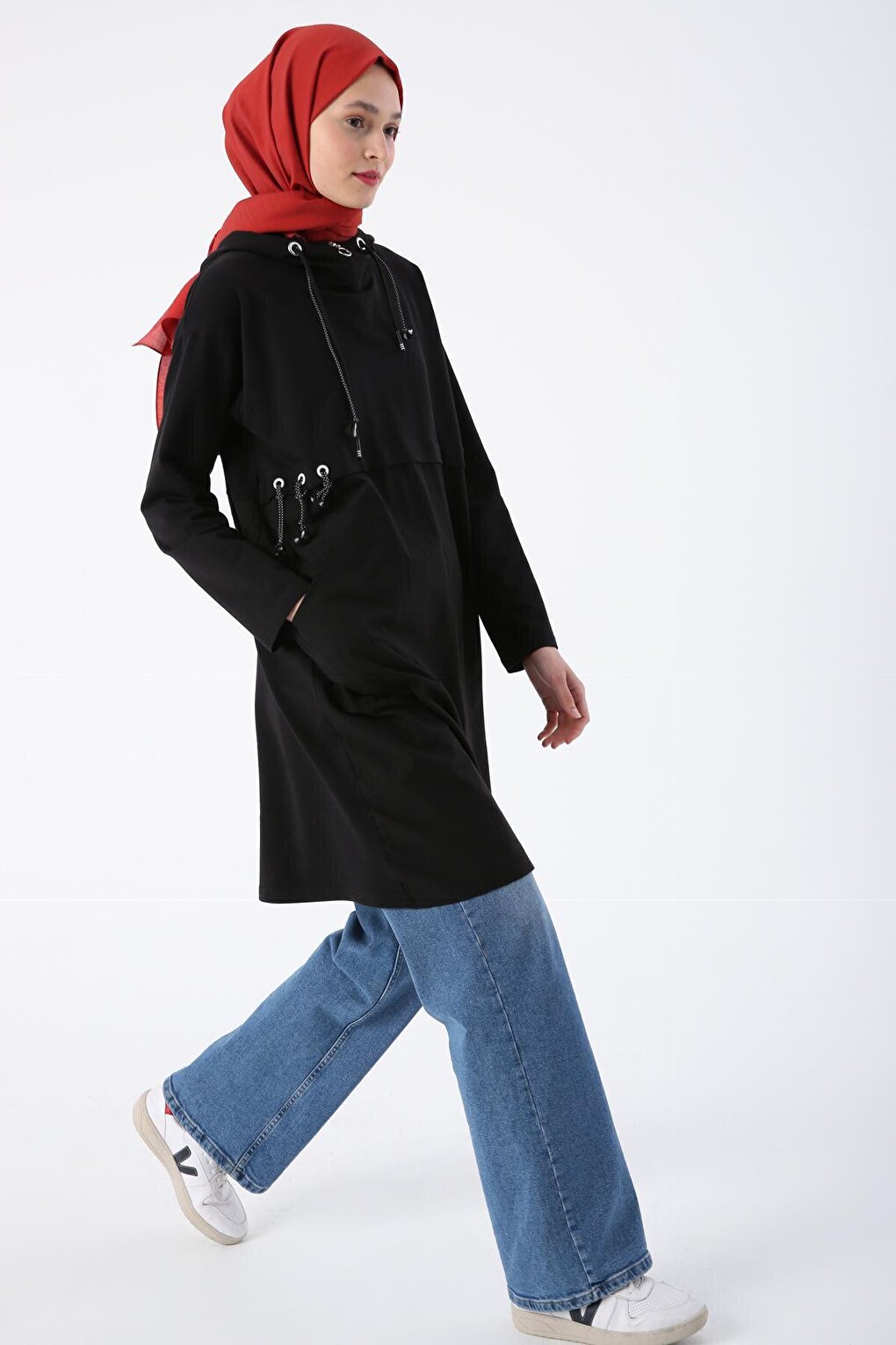 Black Cotton Woven Garnished Hooded Sweat Tunic with Eyelet Detail