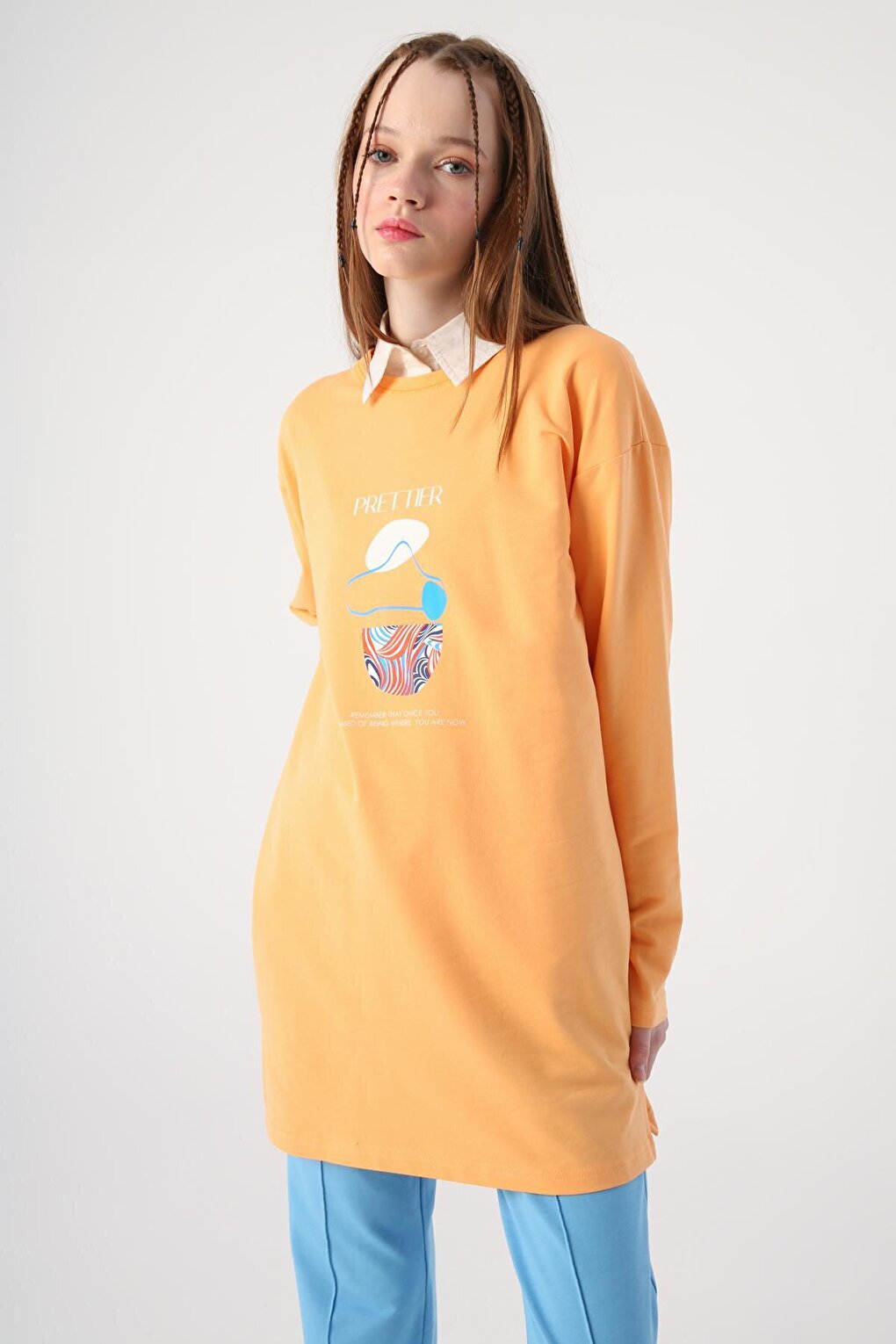 Salmon Cotton Printed Tunic with Contrast Stitching Detail