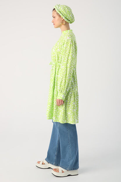 Green-White High Collar Patterned Tunic with Gather Detail at Waist