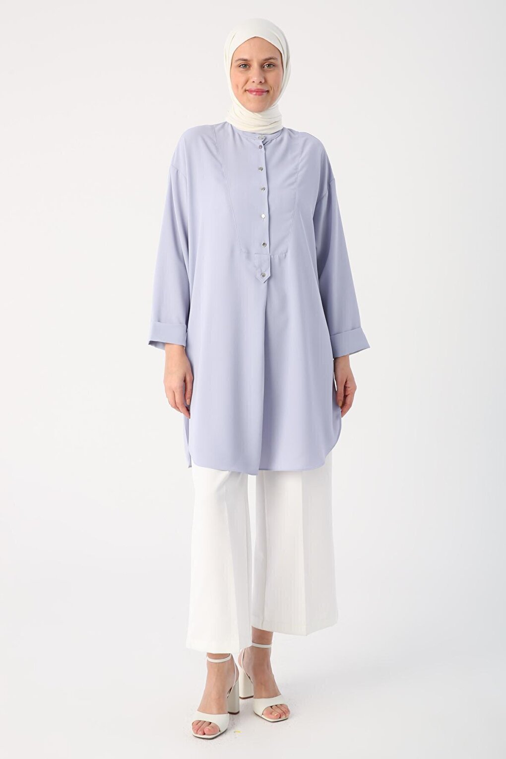 Open Lilac Collar Slit Sleeve Folding Detailed Tunic