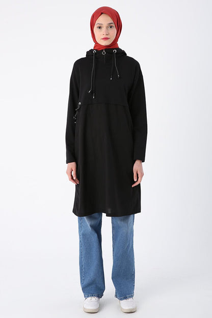 Black Cotton Woven Garnished Hooded Sweat Tunic with Eyelet Detail