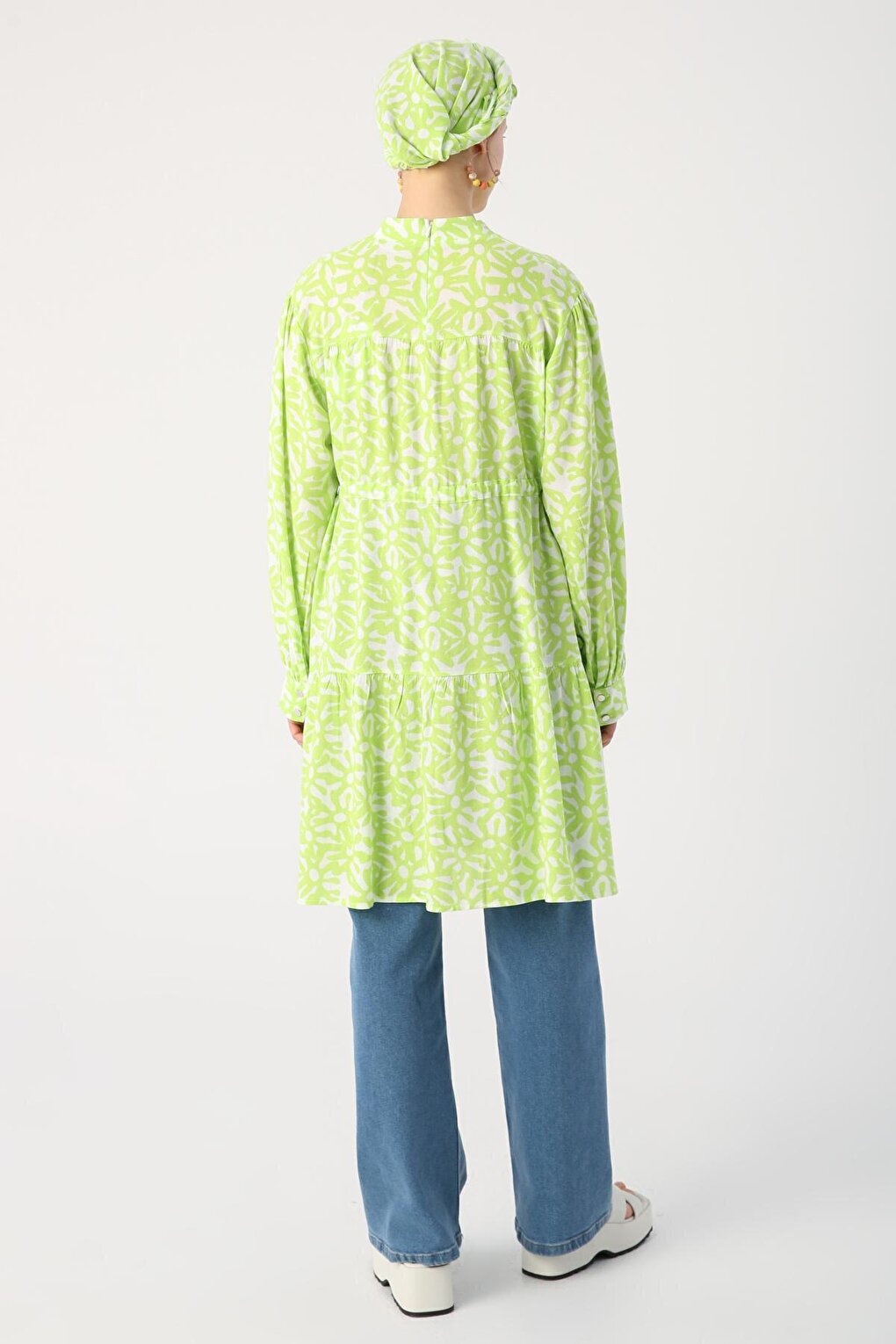 Green-White High Collar Patterned Tunic with Gather Detail at Waist