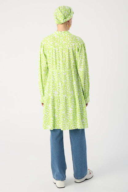 Green-White High Collar Patterned Tunic with Gather Detail at Waist