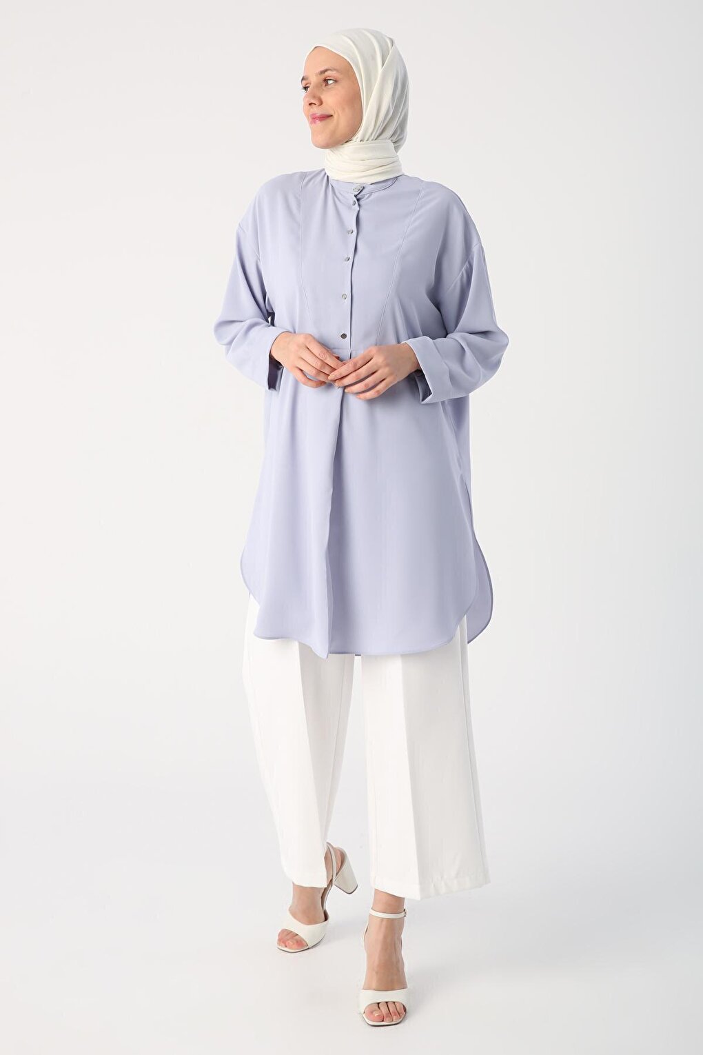 Open Lilac Collar Slit Sleeve Folding Detailed Tunic