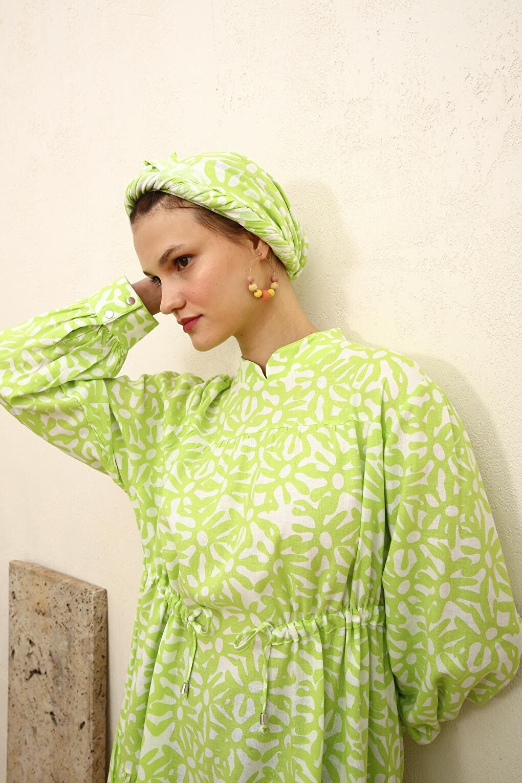 Green-White High Collar Patterned Tunic with Gather Detail at Waist