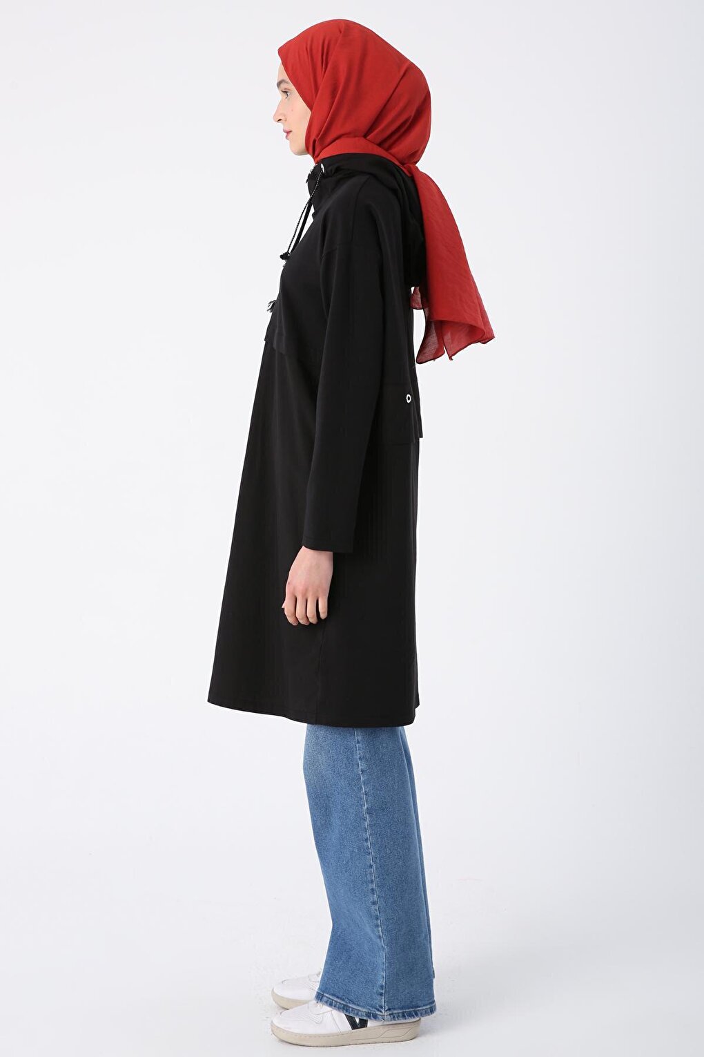 Black Cotton Woven Garnished Hooded Sweat Tunic with Eyelet Detail