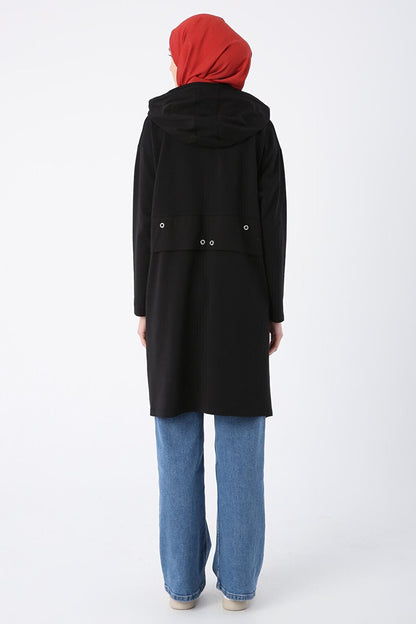 Black Cotton Woven Garnished Hooded Sweat Tunic with Eyelet Detail