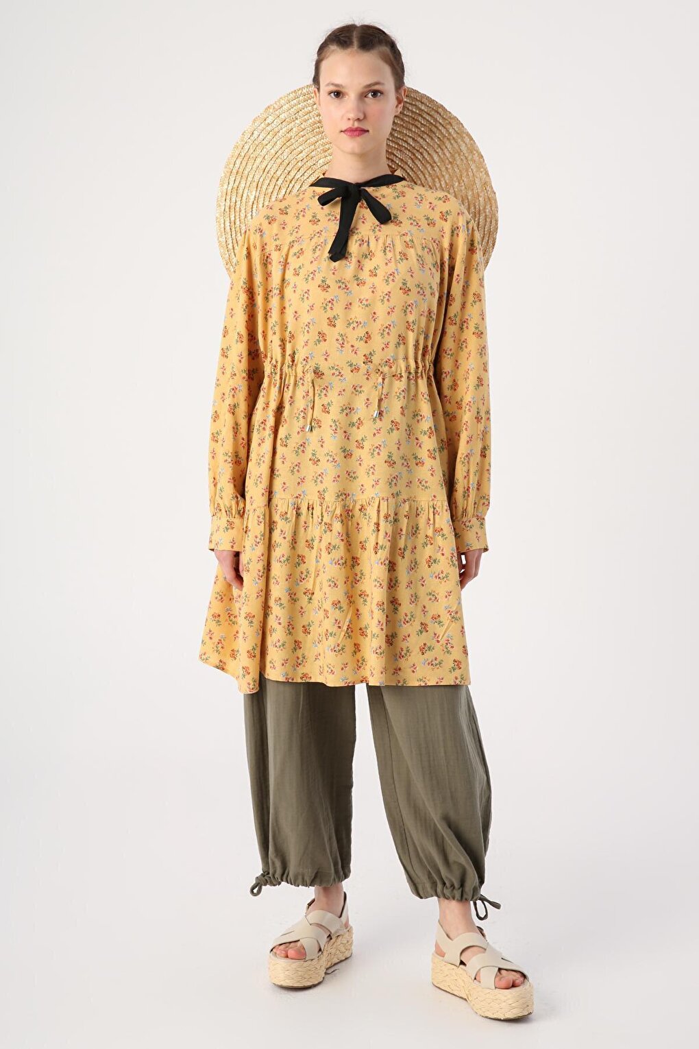 Yellow-Red High Collar Patterned Tunic with Gather Detail at Waist