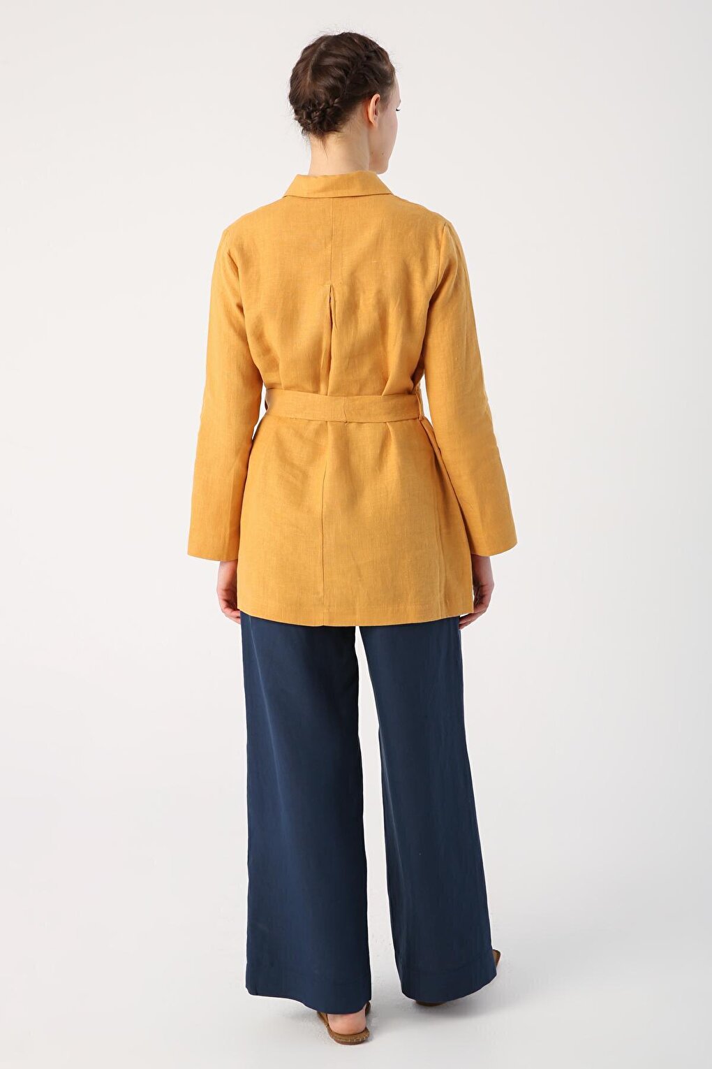 Yellow Double Button Belted 100% Linen Shirt Tunic