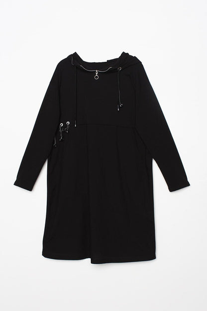 Black Cotton Woven Garnished Hooded Sweat Tunic with Eyelet Detail