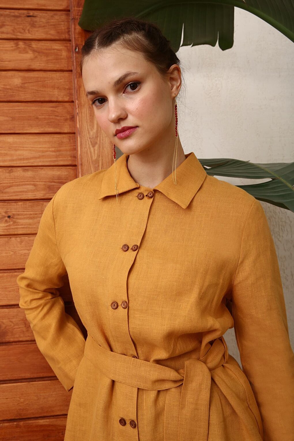 Yellow Double Button Belted 100% Linen Shirt Tunic