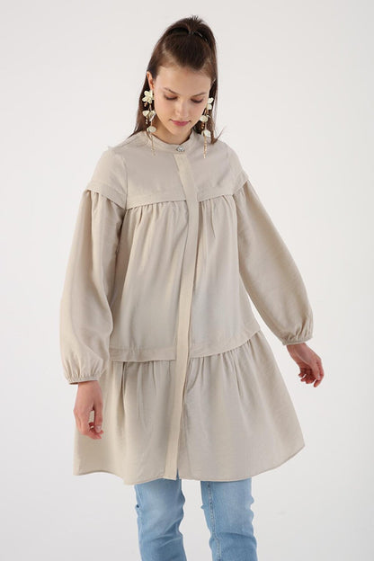 Beige Skirt and Gathered Viscose Shirt Tunic