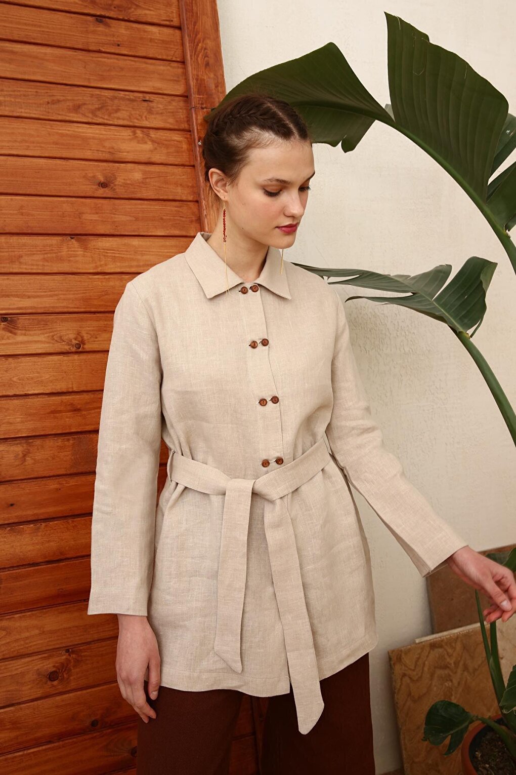 Beige Double Button Belted 100% Linen Shirt Tunic