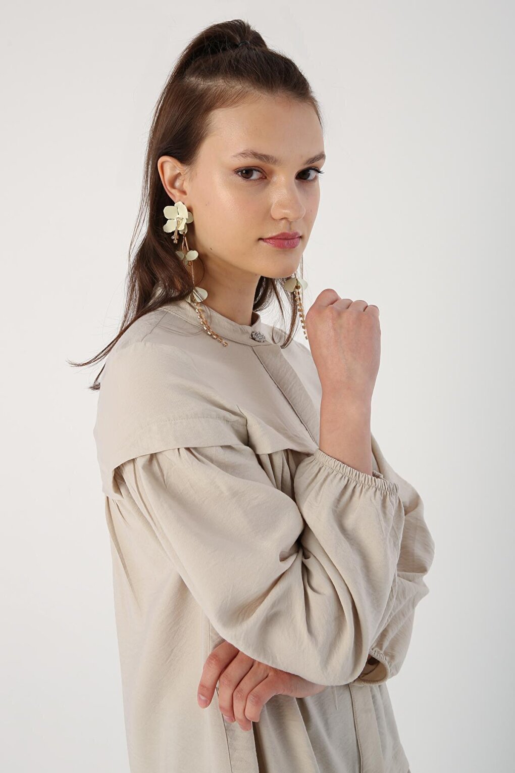 Beige Skirt and Gathered Viscose Shirt Tunic