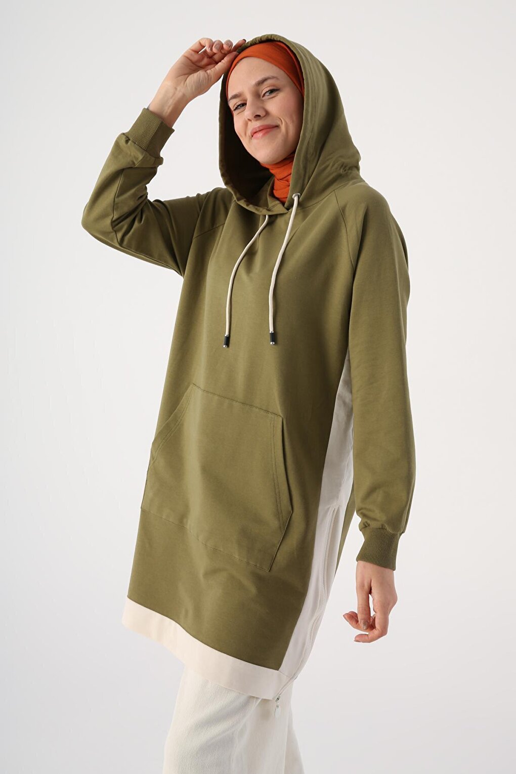 Khaki Kangaroo Pocket Zipper Slit Sweat Tunic