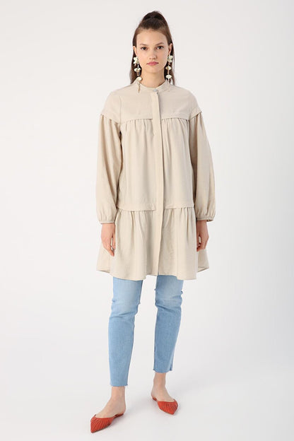 Beige Skirt and Gathered Viscose Shirt Tunic