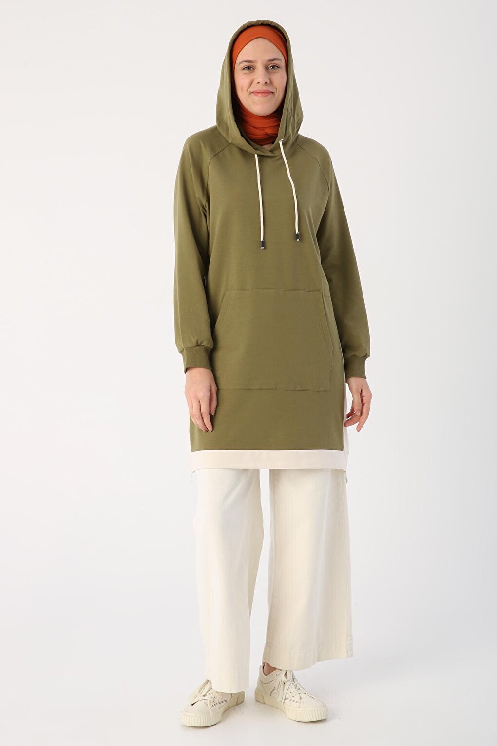 Khaki Kangaroo Pocket Zipper Slit Sweat Tunic