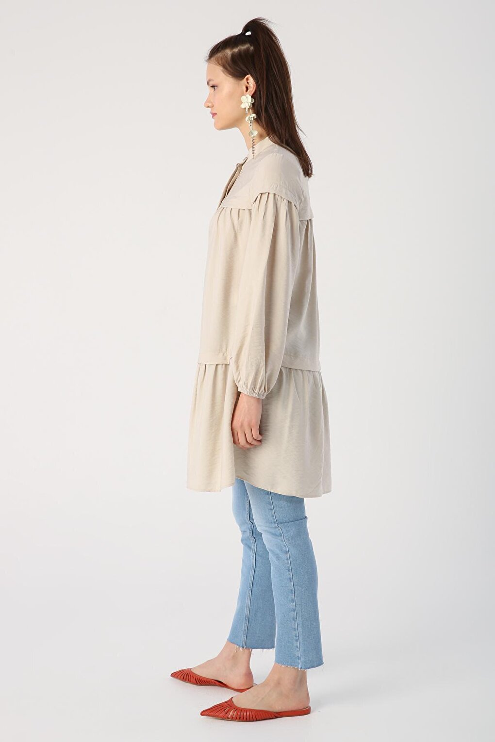 Beige Skirt and Gathered Viscose Shirt Tunic