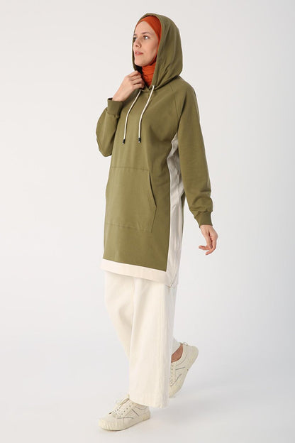 Khaki Kangaroo Pocket Zipper Slit Sweat Tunic