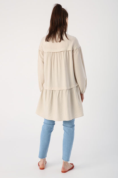 Beige Skirt and Gathered Viscose Shirt Tunic