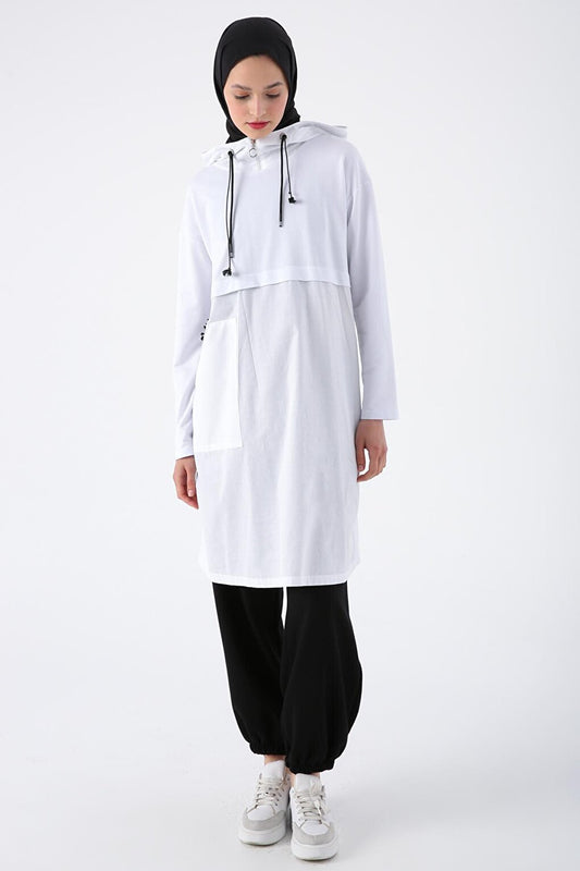 White Cotton Woven Garnished Hooded Sweat Tunic with Eyelet Detail