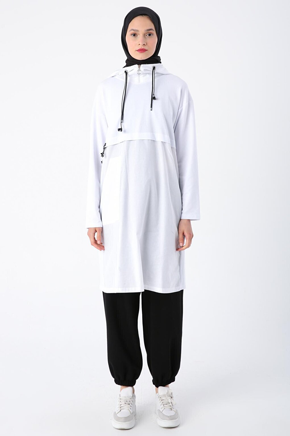 White Cotton Woven Garnished Hooded Sweat Tunic with Eyelet Detail