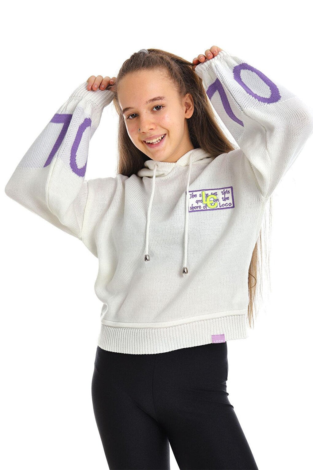 Girl's Text Embroidered Wool Knitted Knitwear Sweatshirt 14186