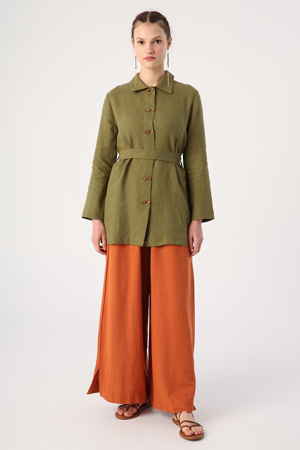 Green Double Button Belted 100% Linen Shirt Tunic