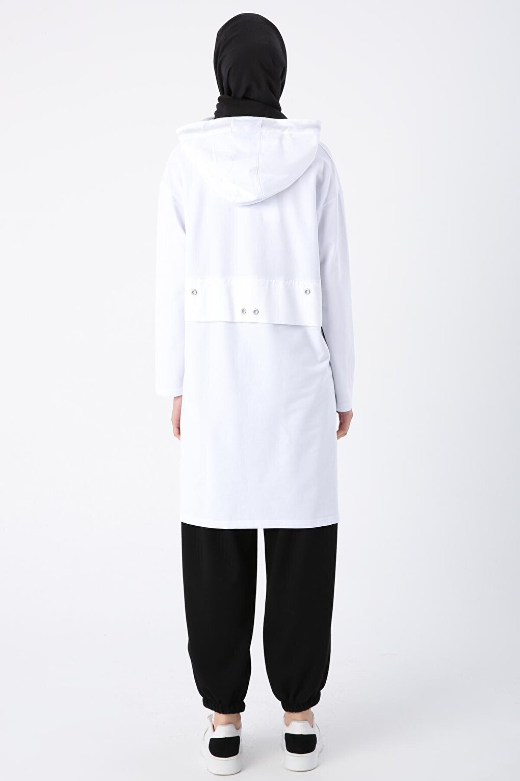 White Cotton Woven Garnished Hooded Sweat Tunic with Eyelet Detail