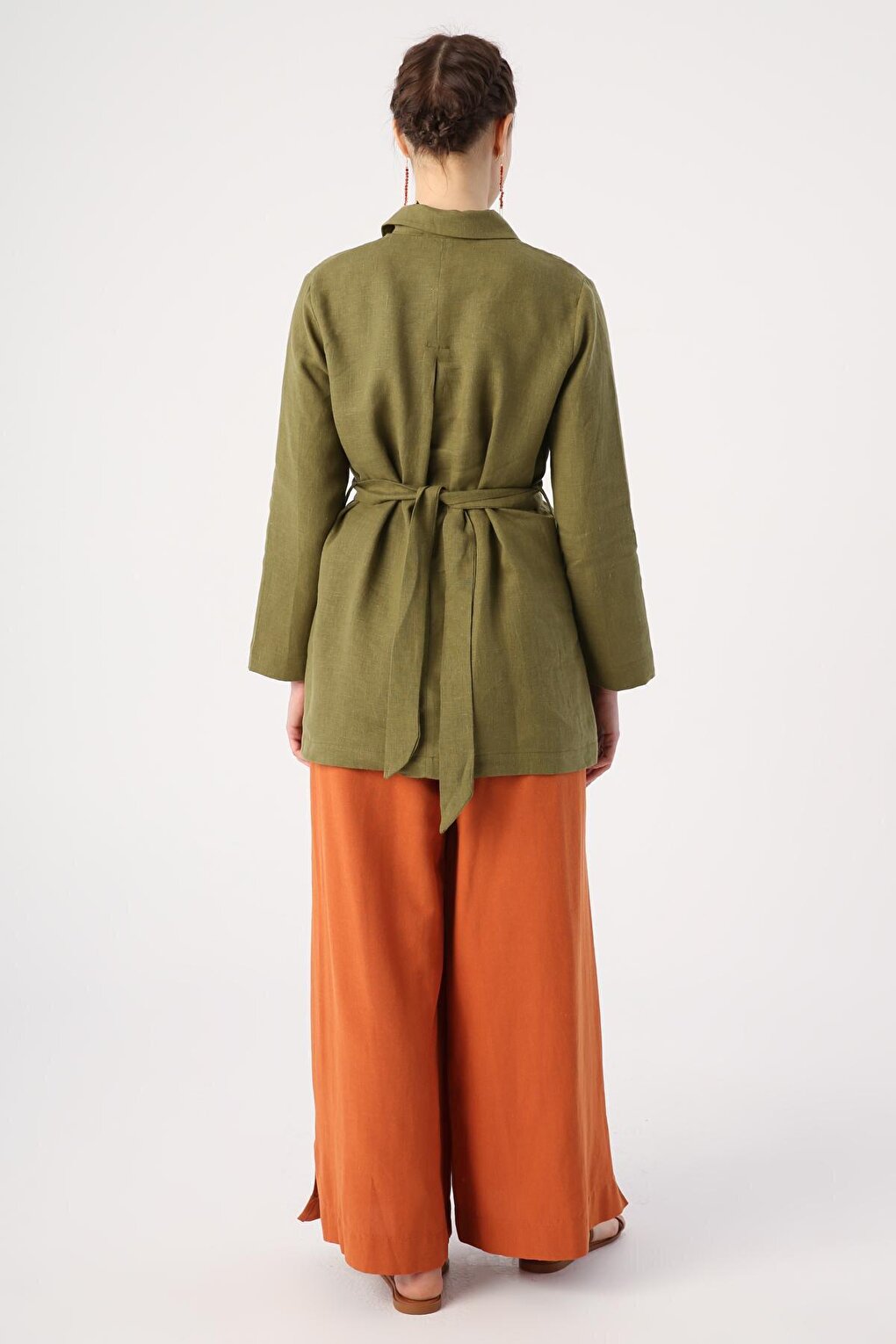 Green Double Button Belted 100% Linen Shirt Tunic