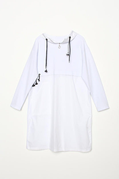 White Cotton Woven Garnished Hooded Sweat Tunic with Eyelet Detail