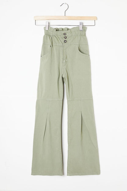 Khaki Flared Elastic Waist Girl's Linen Trousers 16234