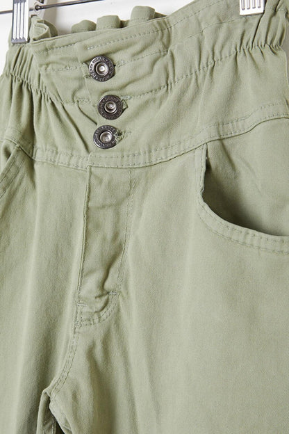 Khaki Flared Elastic Waist Girl's Linen Trousers 16234