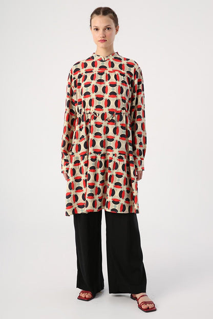 Ecru-Red High Collar Patterned Tunic with Gathering Detail at Waist