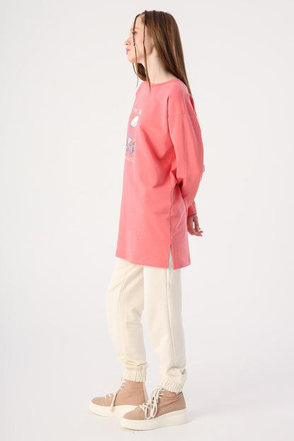 Dusty Rose Cotton Printed Tunic with Contrast Stitching Detail