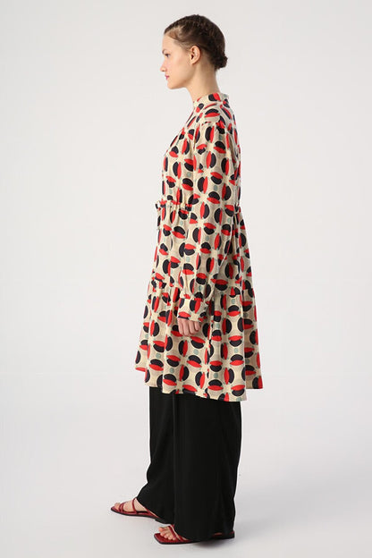 Ecru-Red High Collar Patterned Tunic with Gathering Detail at Waist