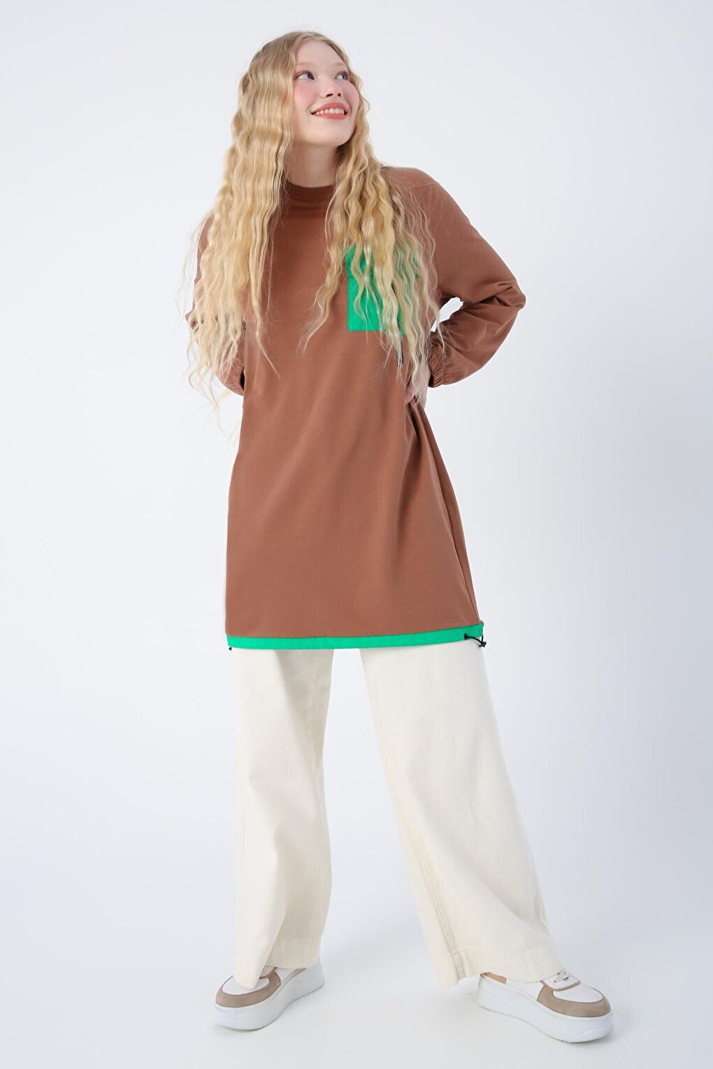 Brown Cotton Garnished Tunic with Pocket Skirt and Gather Detail