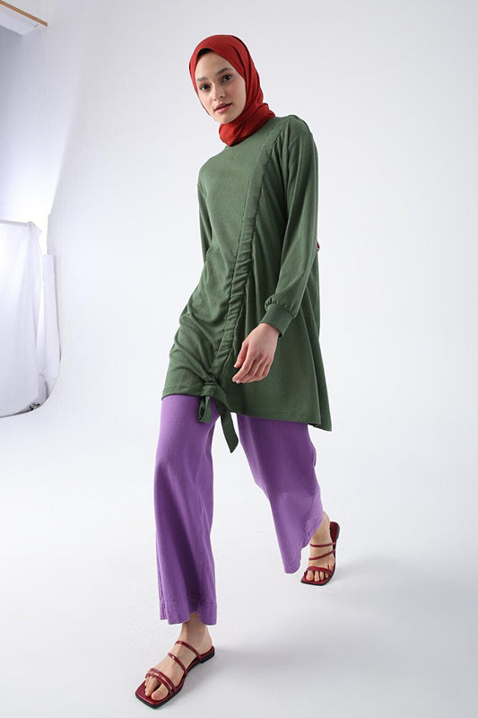 Green Gathered Tie Detailed Crew Neck Tunic