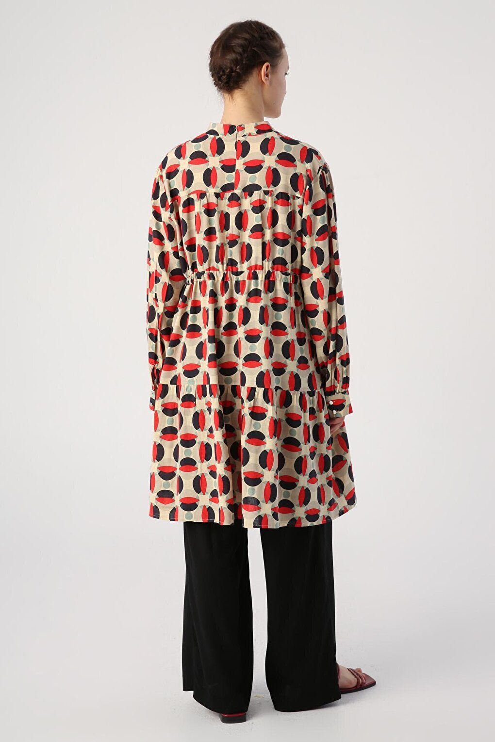 Ecru-Red High Collar Patterned Tunic with Gathering Detail at Waist