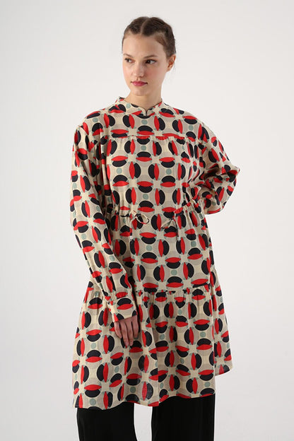 Ecru-Red High Collar Patterned Tunic with Gathering Detail at Waist